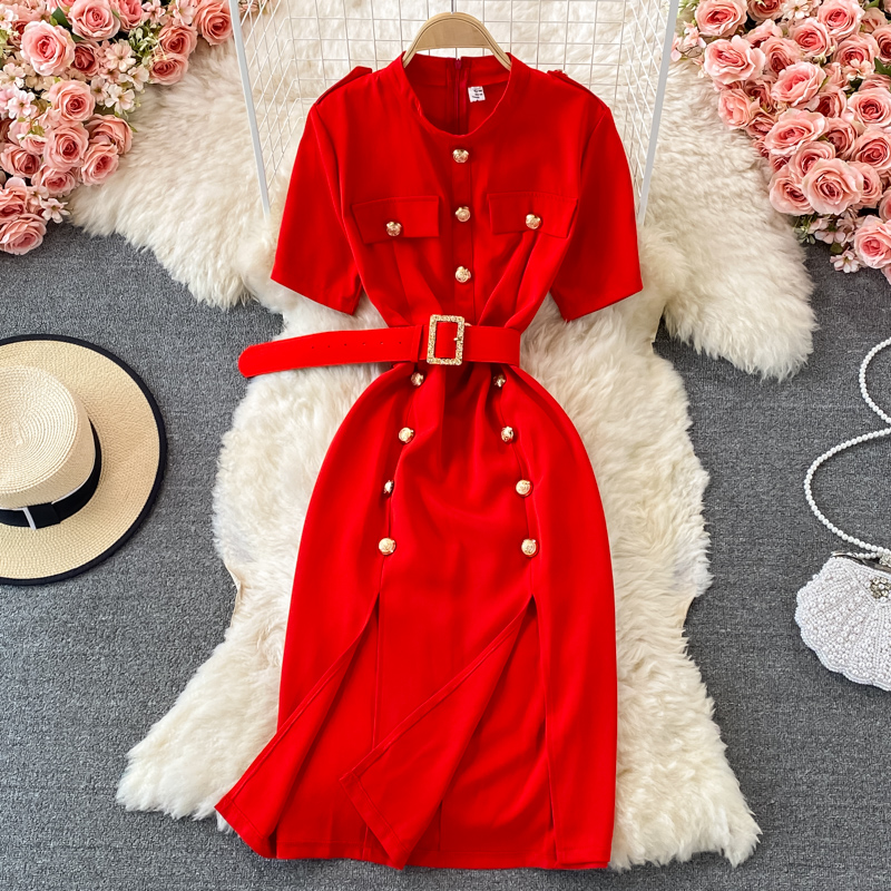 Go-Getter Girl Style Business Ol Split Dress Summer Women's New Stand Collar Elegant Double Breasted Short Sleeve Dress - Image 3