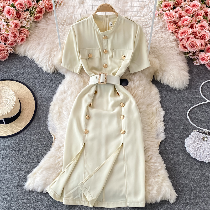 Go-Getter Girl Style Business Ol Split Dress Summer Women's New Stand Collar Elegant Double Breasted Short Sleeve Dress - Image 5