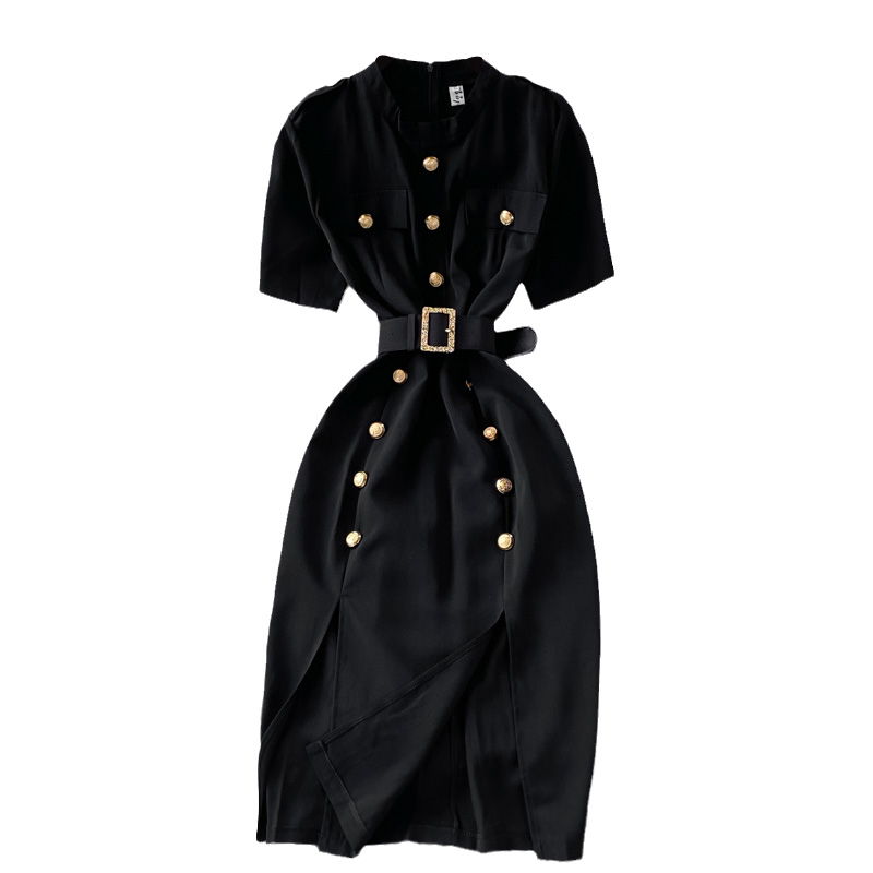 Go-Getter Girl Style Business Ol Split Dress Summer Women's New Stand Collar Elegant Double Breasted Short Sleeve Dress - Image 6