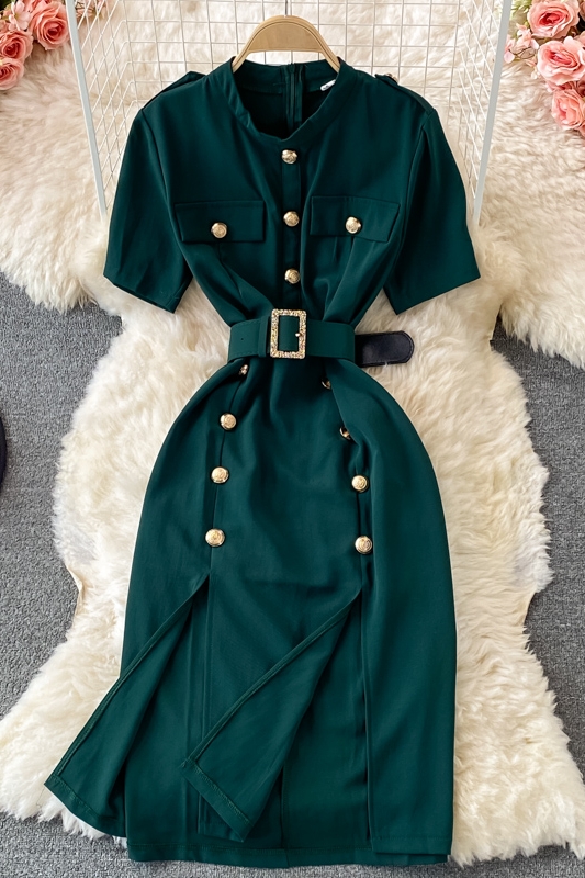 Go-Getter Girl Style Business Ol Split Dress Summer Women's New Stand Collar Elegant Double Breasted Short Sleeve Dress - Image 7