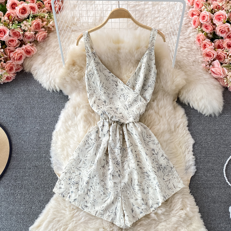 summer New High Waist Floral Chiffon One-Piece Wide-Leg Pants Shorts V-neck Brace Printing Romper Skirt - Image 5