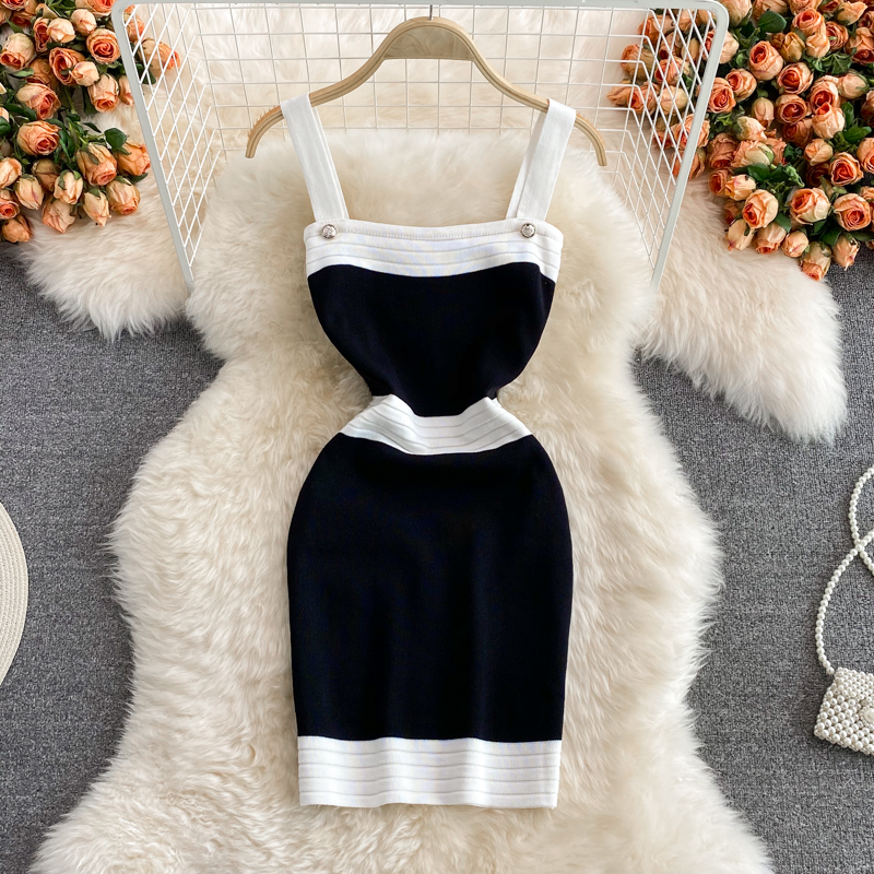 Summer New Hong Kong Style Sexy Color Block High Waist Slip Dress Slim Fit Slimming Small Knitted Sheath Dress - Image 4