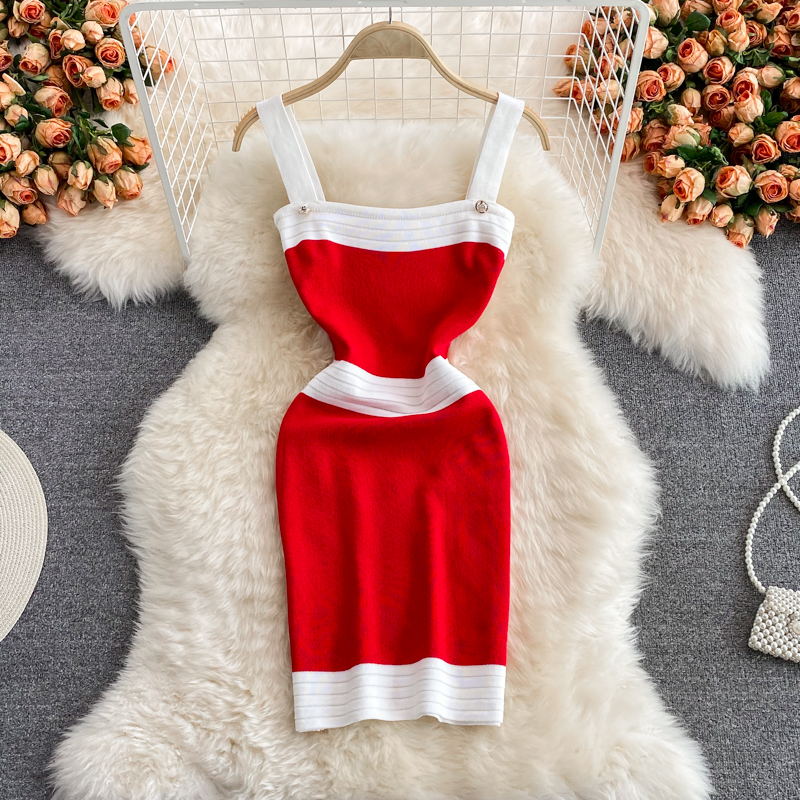 Summer New Hong Kong Style Sexy Color Block High Waist Slip Dress Slim Fit Slimming Small Knitted Sheath Dress - Image 5
