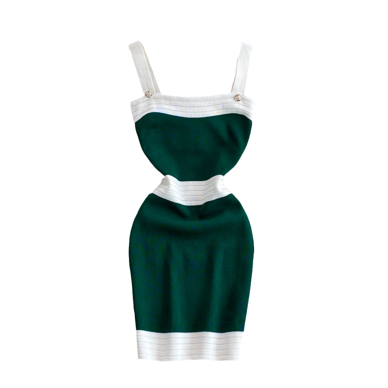 Summer New Hong Kong Style Sexy Color Block High Waist Slip Dress Slim Fit Slimming Small Knitted Sheath Dress - Image 6