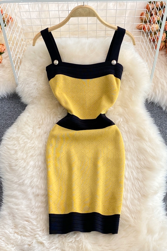 Summer New Hong Kong Style Sexy Color Block High Waist Slip Dress Slim Fit Slimming Small Knitted Sheath Dress - Image 7