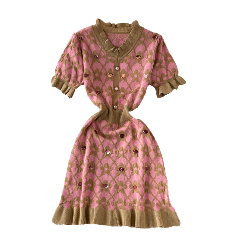 Gentle V-neck Knitted Dress for Women Summer New Style Tight Waist Western Style Slimming Ruffled A- line Skirt - Image 6