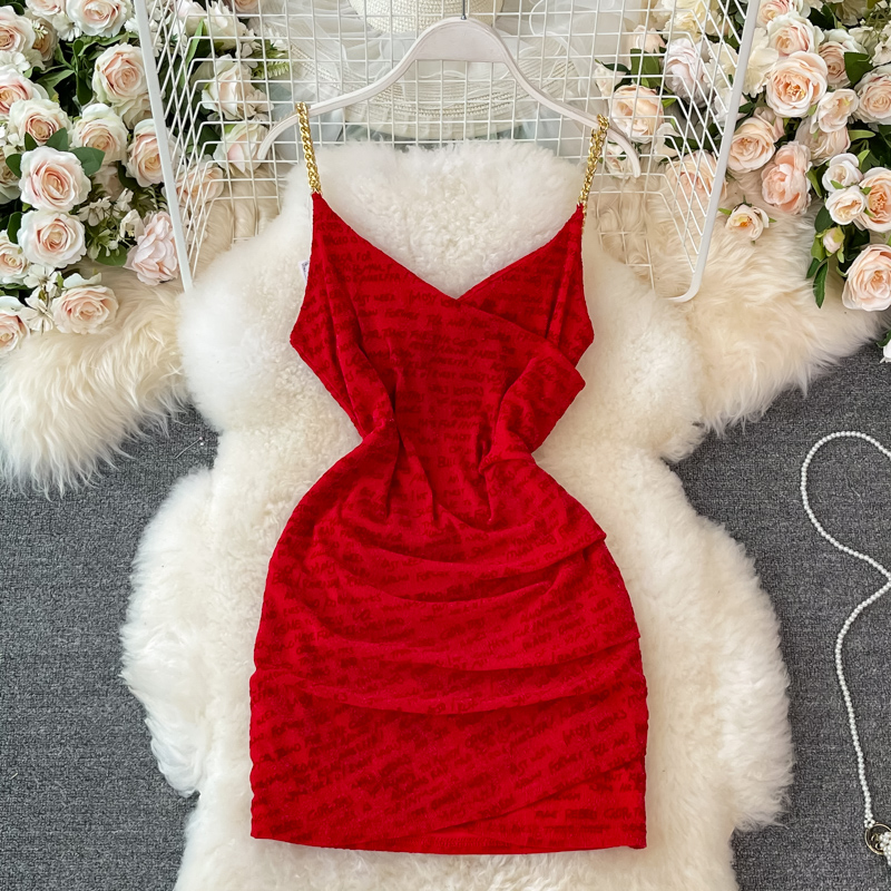 Small Sexy Low-Cut Backless Chain Strap Skinny Sheath Short Skirt Letter Printed Dress Sleeveless Summer