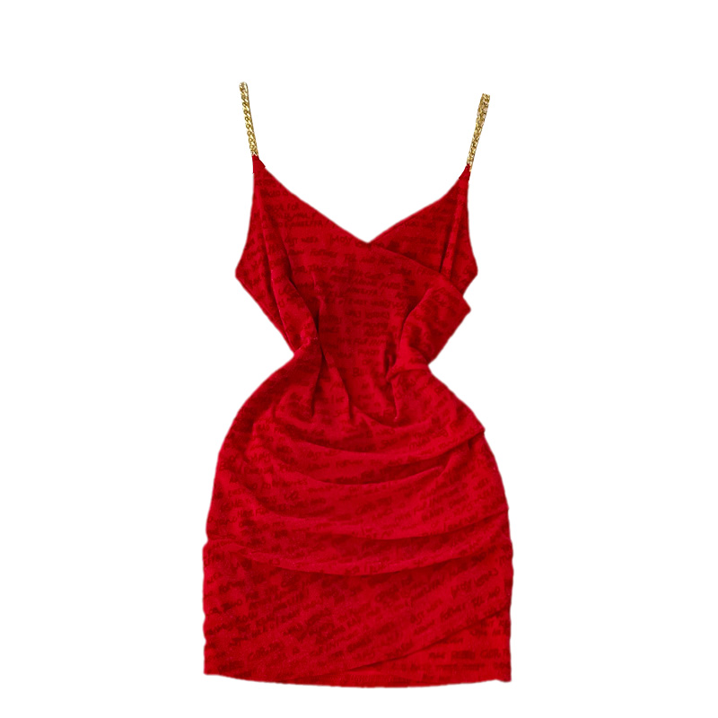 Small Sexy Low-Cut Backless Chain Strap Skinny Sheath Short Skirt Letter Printed Dress Sleeveless Summer - Image 6