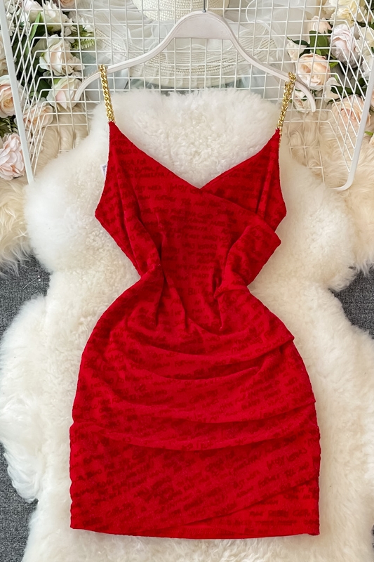 Small Sexy Low-Cut Backless Chain Strap Skinny Sheath Short Skirt Letter Printed Dress Sleeveless Summer - Image 7