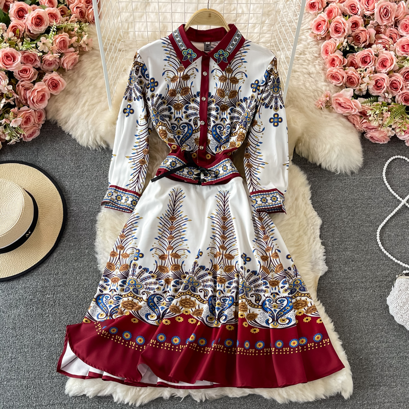 spring and Autumn New French Royal Style Waist Slimming Socialite Temperament Printed Long Sleeve Lapel Dress - Image 2