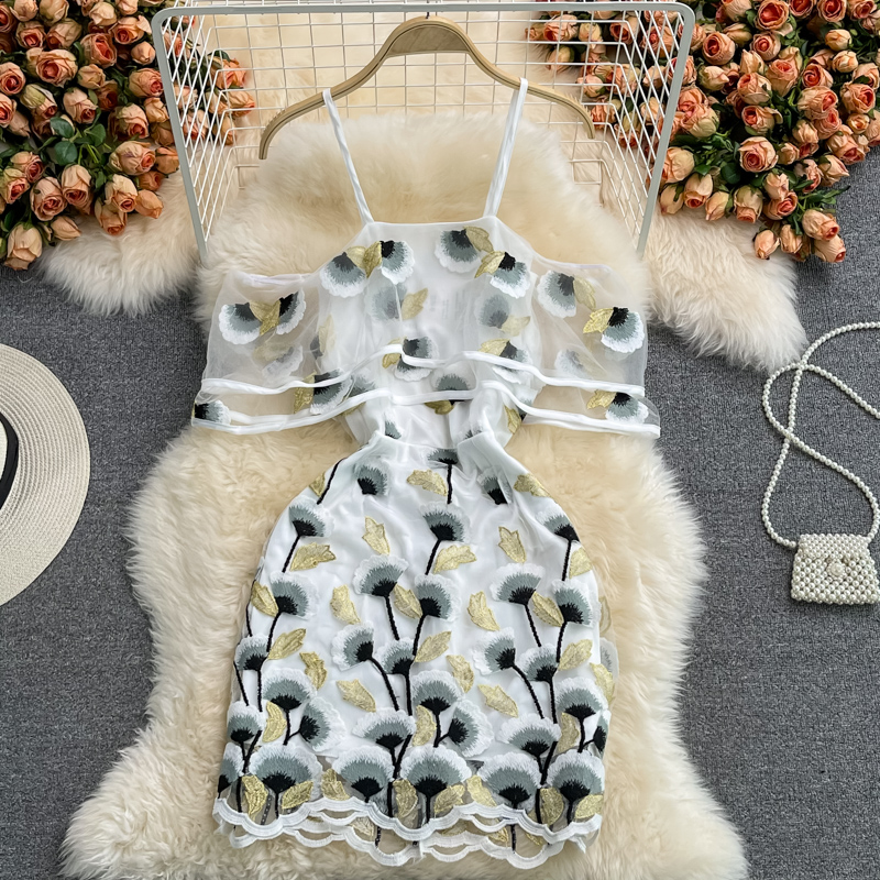 Summer New Socialite Temperament Sexy off-the-Shoulder Ruffled Suspender Dress off-Shoulder Embroidered Sheath Dress - Image 2