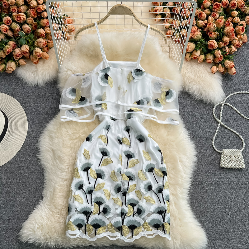 Summer New Socialite Temperament Sexy off-the-Shoulder Ruffled Suspender Dress off-Shoulder Embroidered Sheath Dress - Image 5