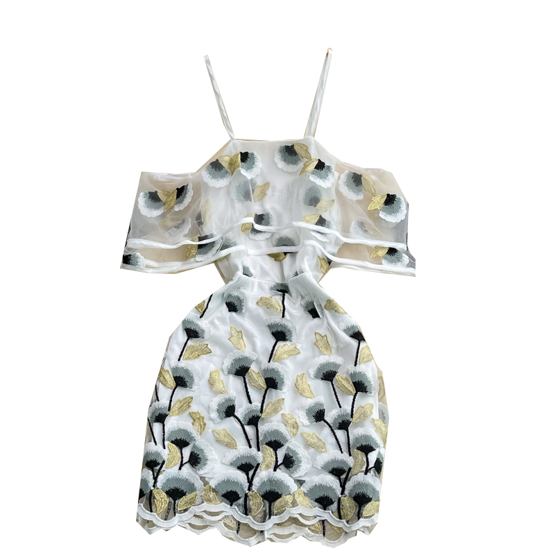 Summer New Socialite Temperament Sexy off-the-Shoulder Ruffled Suspender Dress off-Shoulder Embroidered Sheath Dress - Image 7